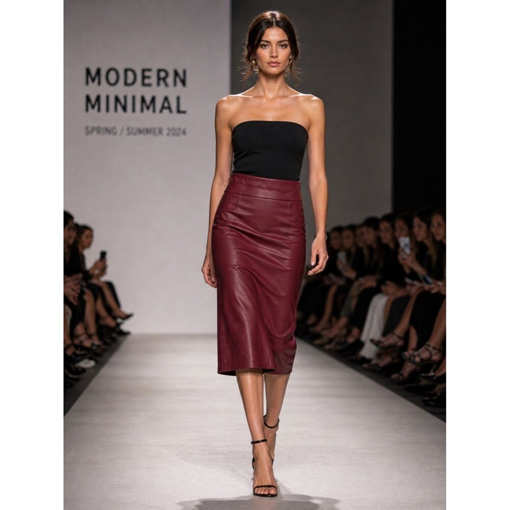 Simlu Burgundy Faux Leather Pencil Skirt Midi Slit Size S